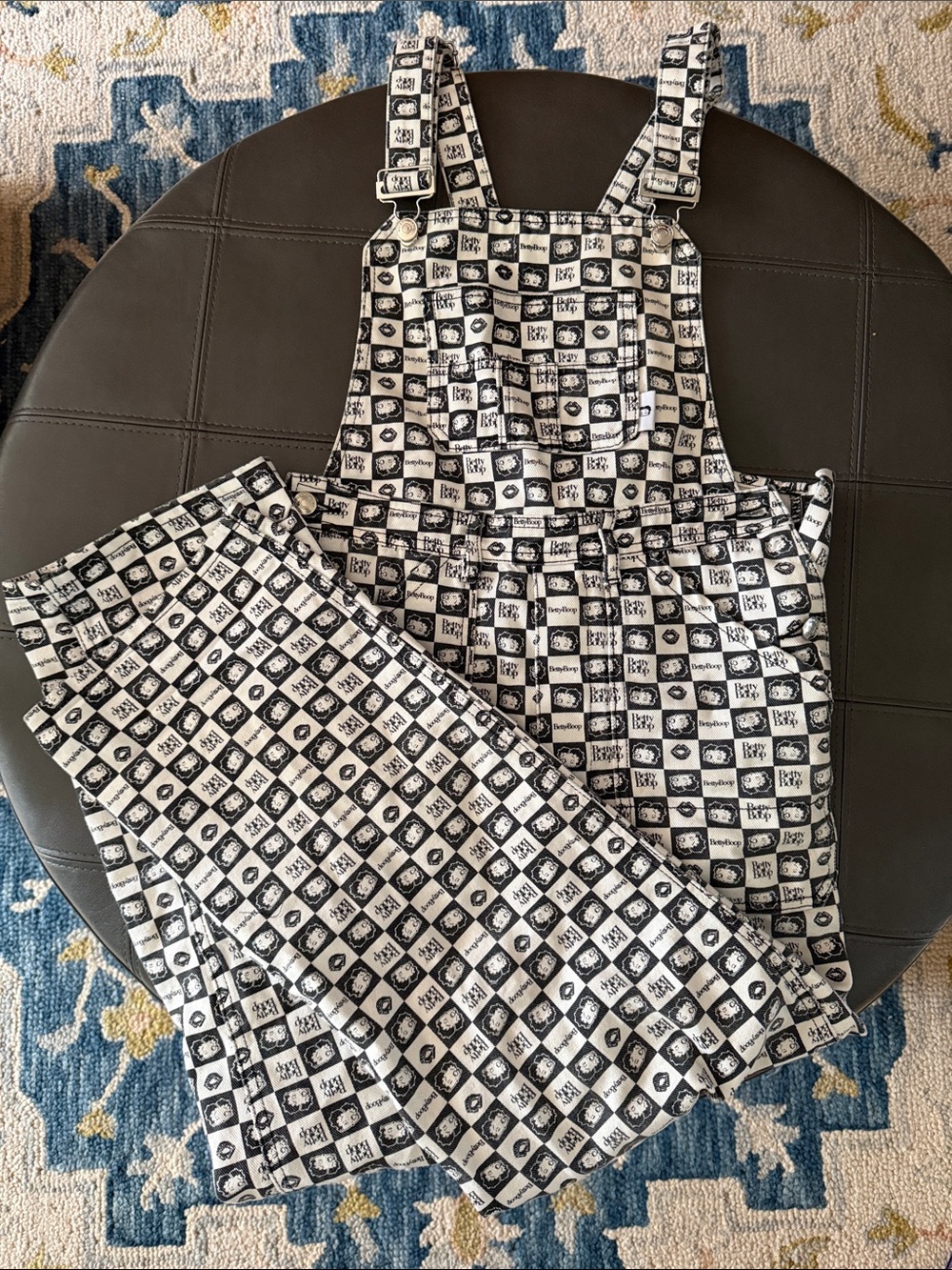 Betty Boop Black & White Checked Graphic Overall Jumpsuit